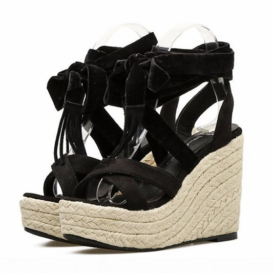 Gdgydh Weaving Cross Strap Platform Sandals Summer Wedges Heel Shoes For Women Flock Ankle Strap Ladies Gladiator Sandals Black