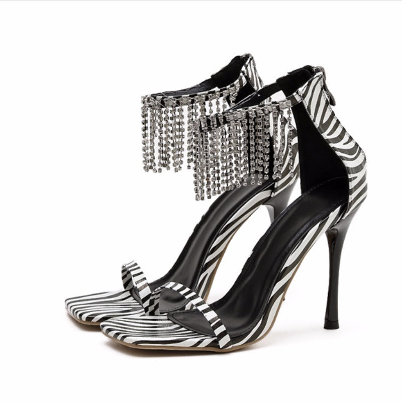 Sexy Fringed Rhinestone Square Toe Stiletto Heel Sandals Women Roman Shoes