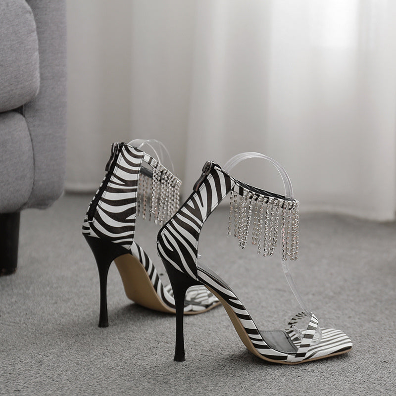 Sexy Fringed Rhinestone Square Toe Stiletto Heel Sandals Women Roman Shoes