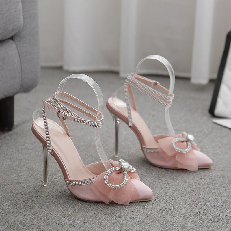 Net Gauze Bow Rhinestone Pointed Toe Crystal Heel Sandals