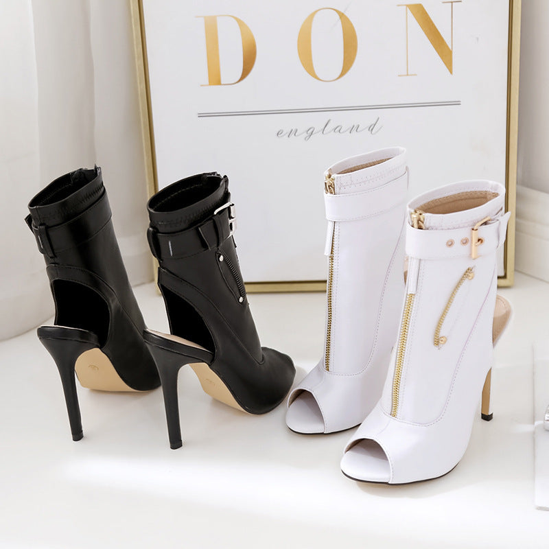 Sandales d'été de nouveau style en cuir avec bouche de poisson creuse, bottes en filet à talons hauts, sandales féminines à talons fins en gaze de filet tout-assorti, blanches