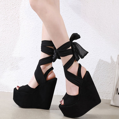 Nightclub Hate The Sky High Slope With Waterproof Platform Cross Strap Suede Roman Women'S Sandals