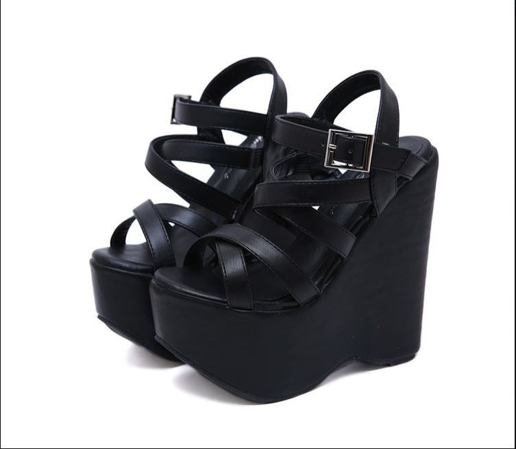 Gdgydh Height 16 Cm High Heel Platform Wedge Sandals Cross Strap Gothic Punk Style Gladiator Fish Mouth Shoes For Women