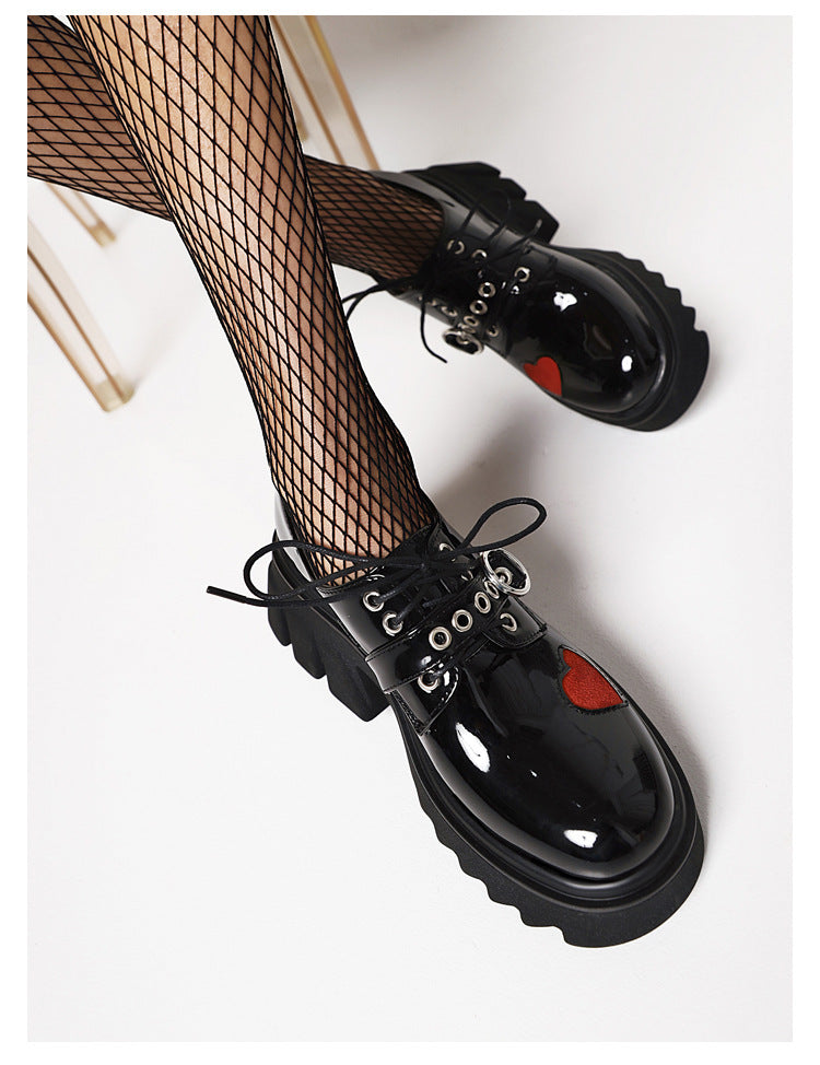 Spring And Autumn Retro Thick-Soled Women'S Shoes Single Shoes High-Heeled Patent Leather Lace Up Muffin Small Leather Shoes Women