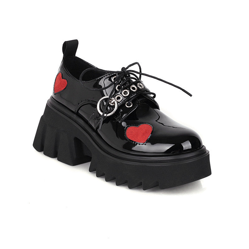 Zapatos de mujer de suela gruesa retro de primavera y otoño, zapatos sencillos de tacón alto de charol con cordones, zapatos pequeños de cuero con forma de muffin para mujer