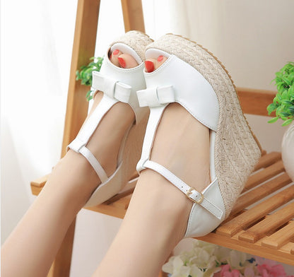 Sandals Women Summer Straw Woven Wedge High Heel Sandals Waterproof Platform Platform Sandals Fish Mouth T Buckle