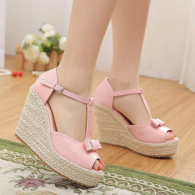 Sandals Women Summer Straw Woven Wedge High Heel Sandals Waterproof Platform Platform Sandals Fish Mouth T Buckle