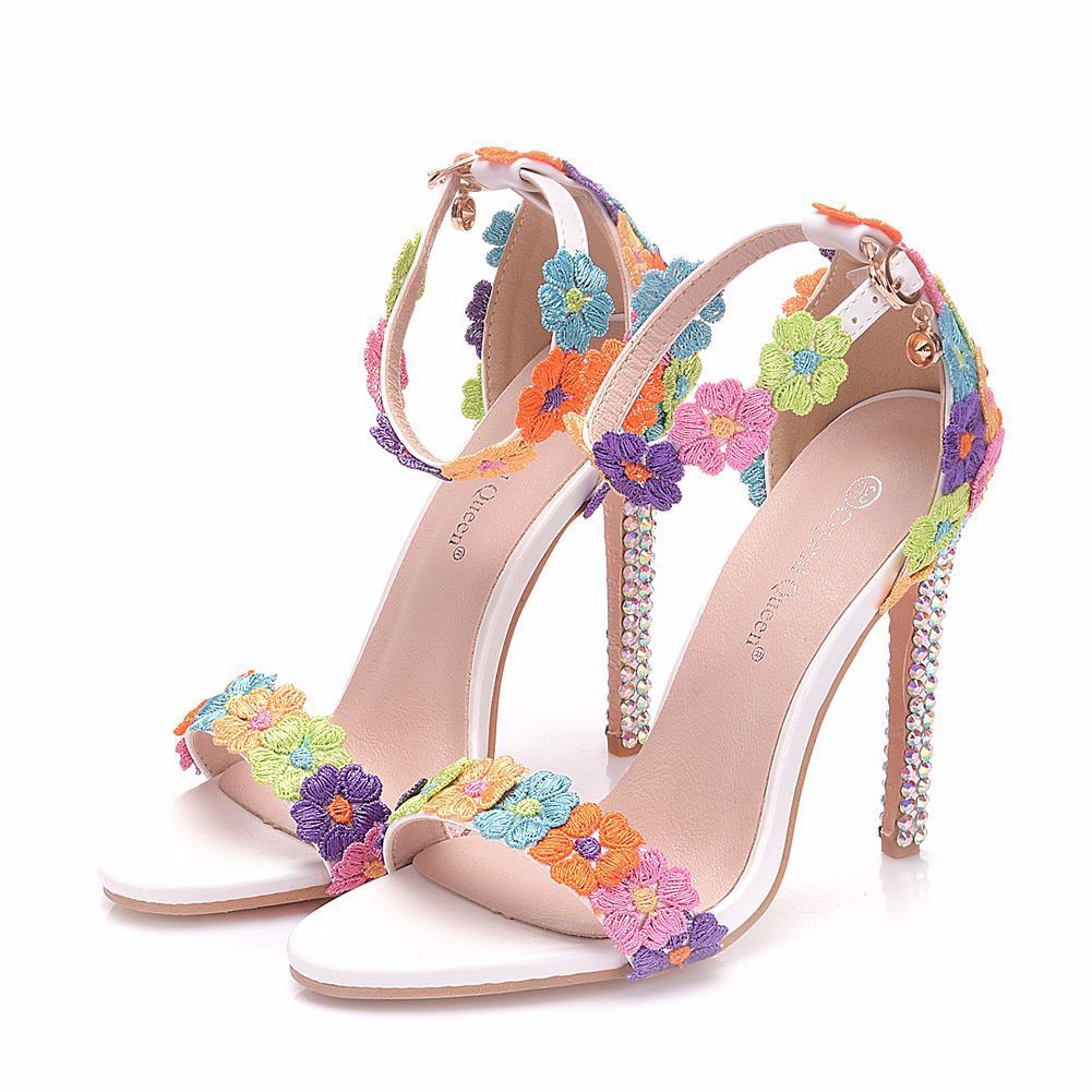 Colorful High Heeled Sandals, Buckle-Up Shoes, Stiletto, Fish-Mouth Roman Sandals, Colorful Diamond Crystal Sandals