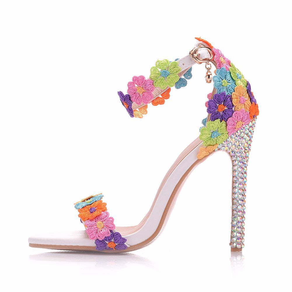 Colorful High Heeled Sandals, Buckle-Up Shoes, Stiletto, Fish-Mouth Roman Sandals, Colorful Diamond Crystal Sandals