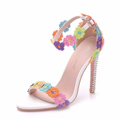 Colorful High Heeled Sandals, Buckle-Up Shoes, Stiletto, Fish-Mouth Roman Sandals, Colorful Diamond Crystal Sandals