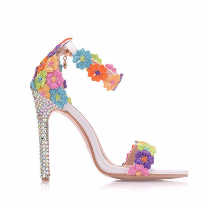 Colorful High Heeled Sandals, Buckle-Up Shoes, Stiletto, Fish-Mouth Roman Sandals, Colorful Diamond Crystal Sandals