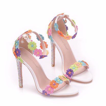 Sandalias de tacón alto de colores, zapatos con hebilla, tacones de aguja, sandalias romanas con boca de pez, sandalias de diamantes de cristal de colores