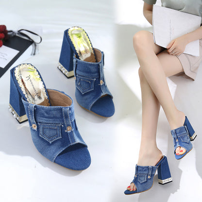 Fashion Casual Thick-Heeled Denim Women'S Shoes  High-Heeled Fish Mouth Sandals And Slippers