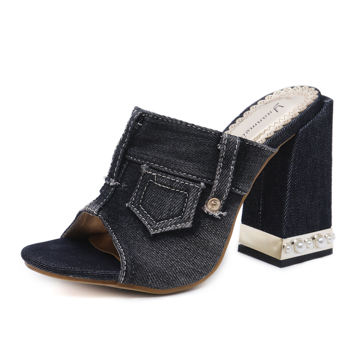 Fashion Casual Thick-Heeled Denim Women'S Shoes  High-Heeled Fish Mouth Sandals And Slippers