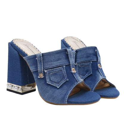 Fashion Casual Thick-Heeled Denim Women'S Shoes  High-Heeled Fish Mouth Sandals And Slippers