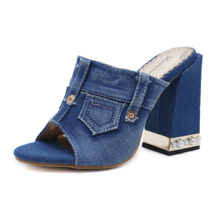 Fashion Casual Thick-Heeled Denim Women'S Shoes  High-Heeled Fish Mouth Sandals And Slippers