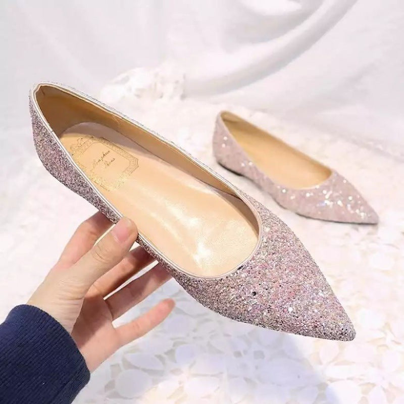 Nuevos zapatos de boda, zapatos planos con lentejuelas, zapatos femeninos de punta puntiaguda, zapatos planos con boca baja, zapatos de novia con polvo dorado, zapatos de dama de honor, zapatos de banquete