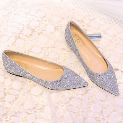 New Wedding Shoes Sequined Flat Shoes Female Pointed Toe Single Shoes Flat With Shallow Mouth Gold Powder Bride Bridesmaid Shoes Banquet Shoes