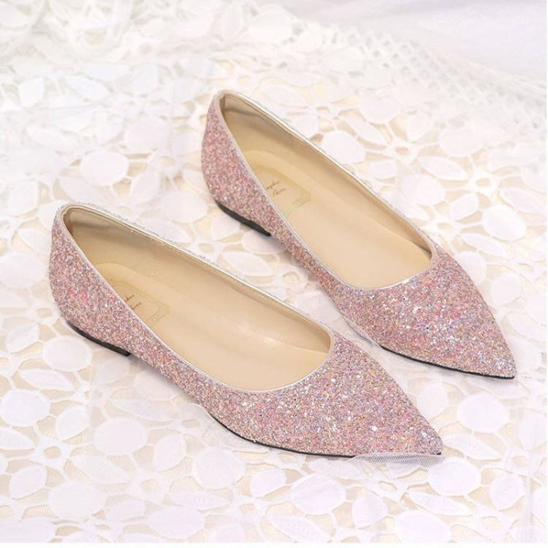 Nuevos zapatos de boda, zapatos planos con lentejuelas, zapatos femeninos de punta puntiaguda, zapatos planos con boca baja, zapatos de novia con polvo dorado, zapatos de dama de honor, zapatos de banquete