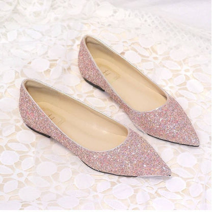 Nuevos zapatos de boda, zapatos planos con lentejuelas, zapatos femeninos de punta puntiaguda, zapatos planos con boca baja, zapatos de novia con polvo dorado, zapatos de dama de honor, zapatos de banquete