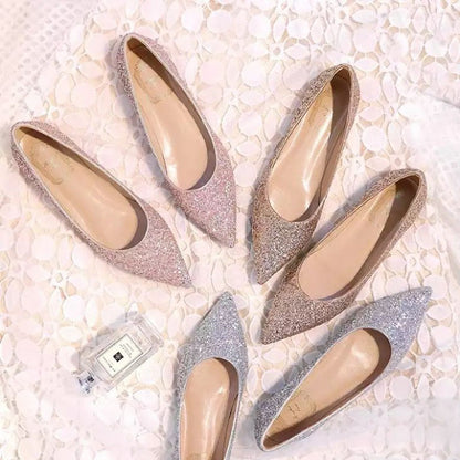 Nuevos zapatos de boda, zapatos planos con lentejuelas, zapatos femeninos de punta puntiaguda, zapatos planos con boca baja, zapatos de novia con polvo dorado, zapatos de dama de honor, zapatos de banquete