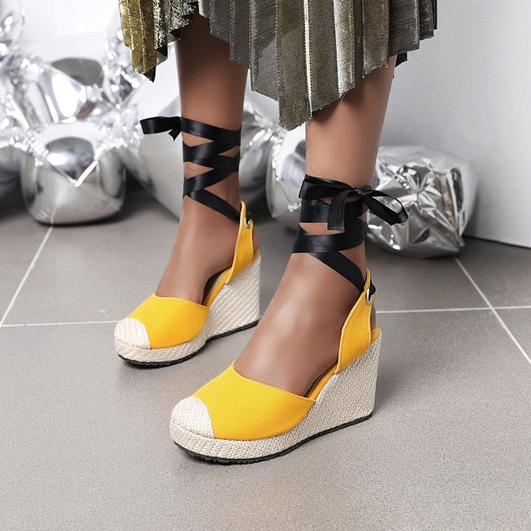 Summer New Slope Heel Waterproof Platform Splicing Strap Hollow Linen Rope Small  Flat Sandals Large Size