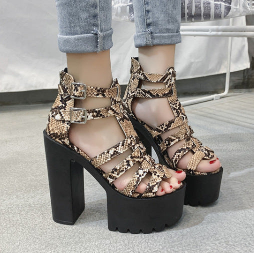 Hengtian High Thick Heel Hollow Snake Print Color Matching High-Heel Sandals