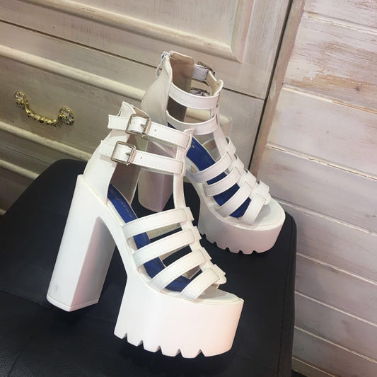 European And American Nightclub Thick-Heeled Waterproof Platform High-Heeled Shoes Hate Sky High Stage Non-Slip Hollow Performance High-Heeled Sandals