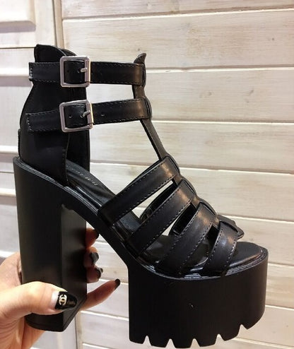 European And American Nightclub Thick-Heeled Waterproof Platform High-Heeled Shoes Hate Sky High Stage Non-Slip Hollow Performance High-Heeled Sandals