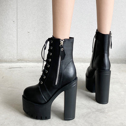 Chunky Heel Boots Waterproof Platform Lace-up High Heel Martin Women's Boots