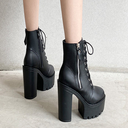 Chunky Heel Boots Waterproof Platform Lace-up High Heel Martin Women's Boots