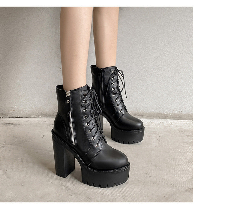 Chunky Heel Boots Waterproof Platform Lace-up High Heel Martin Women's Boots