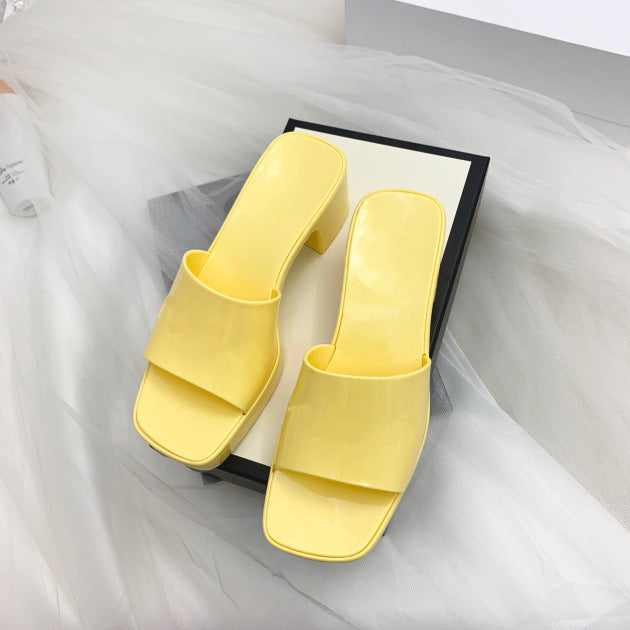 Jelly Shoes Chunky Heel Candy Color Square Toe Rubber Shoes Mid-Heel Slippers