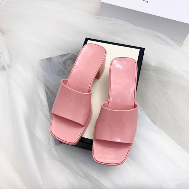 Jelly Shoes Chunky Heel Candy Color Square Toe Rubber Shoes Mid-Heel Slippers