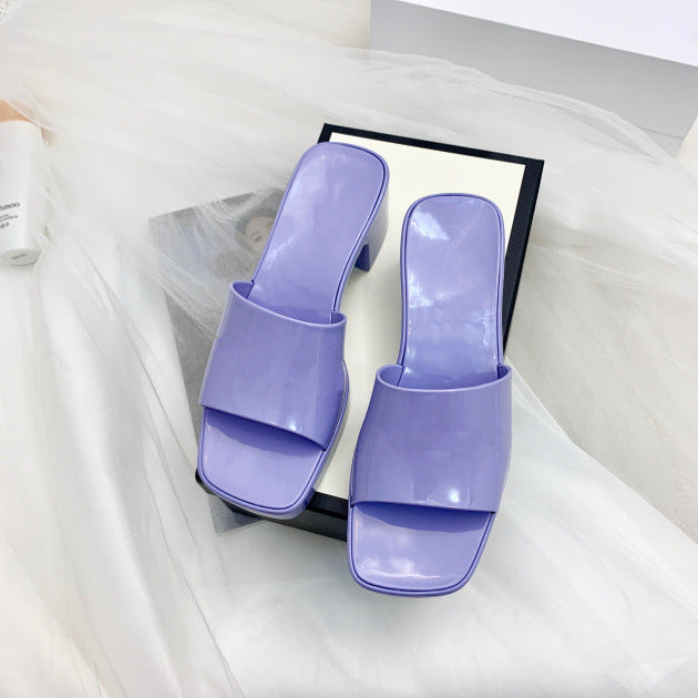 Jelly Shoes Chunky Heel Candy Color Square Toe Rubber Shoes Mid-Heel Slippers