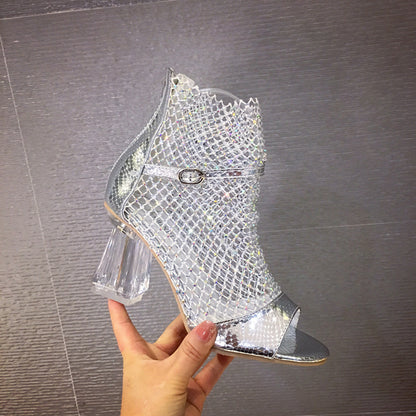 Mesh Buckle Roman Crystal Chunky Heel Sandals