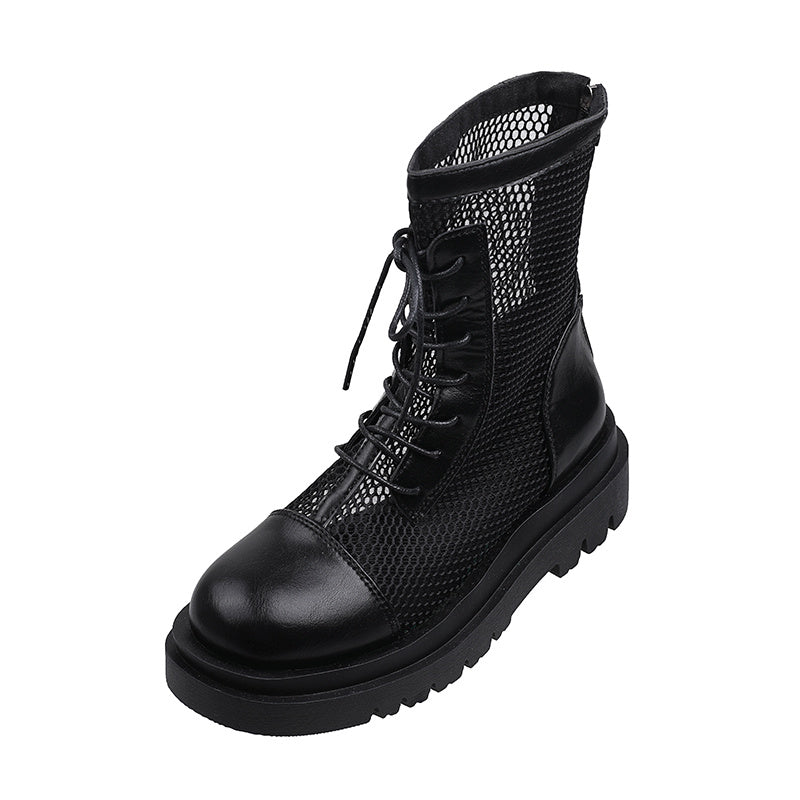 Leather Martin Boots Summer Thin New British Style Breathable Mesh Boots Hollow Thick-Soled Short Boots