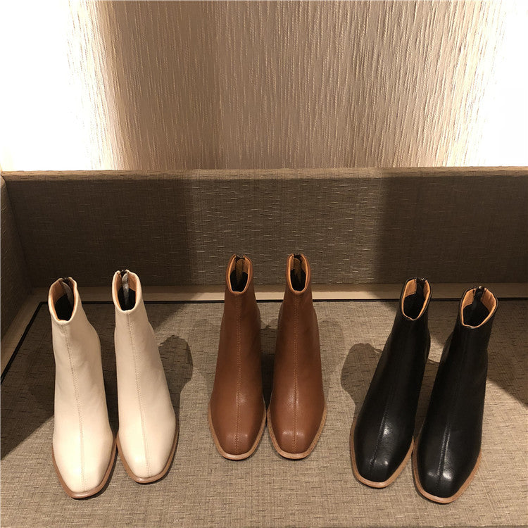 Dongdaemun Same Style Simple And Versatile Square Toe Thick Heel Mid-Heel Short Boots Women'S Boots