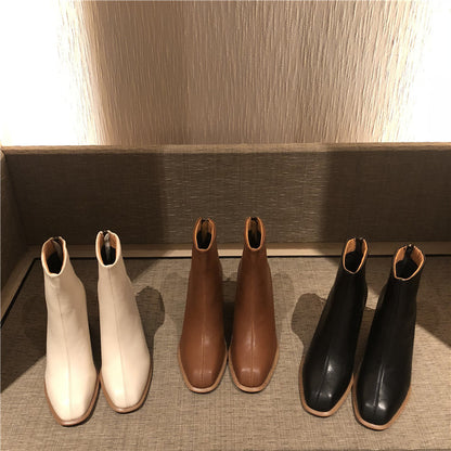 Bottes courtes à talon moyen et épais à bout carré et à talon épais de Dongdaemun, bottes pour femmes de même style, simples et polyvalentes