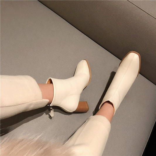 Dongdaemun Same Style Simple And Versatile Square Toe Thick Heel Mid-Heel Short Boots Women'S Boots