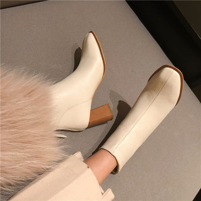 Dongdaemun Same Style Simple And Versatile Square Toe Thick Heel Mid-Heel Short Boots Women'S Boots