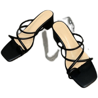 Women'S Thick Heel Sandals Half Slippers Fashion Two Wear Fairy Style With Open-Toed Outer Wear Sandals And Slippers Women