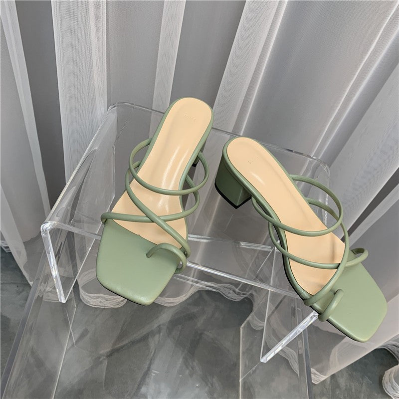 Women'S Thick Heel Sandals Half Slippers Fashion Two Wear Fairy Style With Open-Toed Outer Wear Sandals And Slippers Women