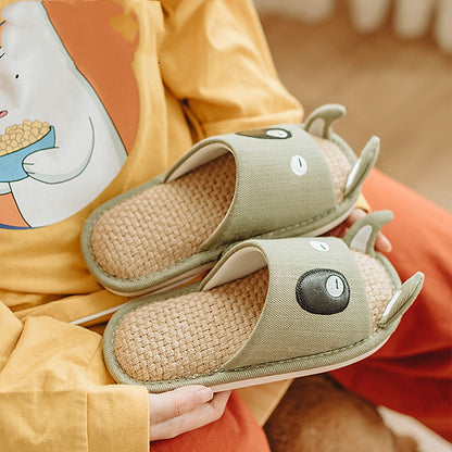 Pantuflas de lino con dibujos animados de algodón y cáñamo japonesas de verano con suela gruesa para el hogar, para las cuatro estaciones, tela interior antideslizante y silenciosa