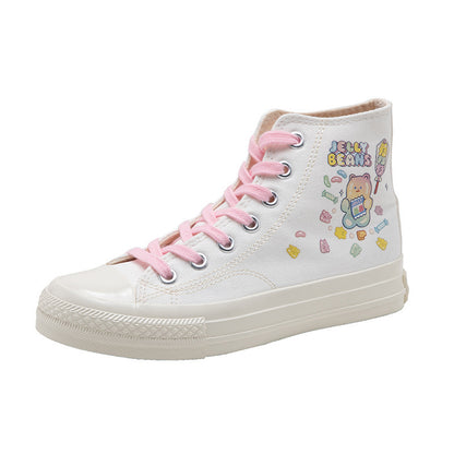 Multi-Coloured Biscuit Bear Hand-Painted High-Top Canvas Shoes