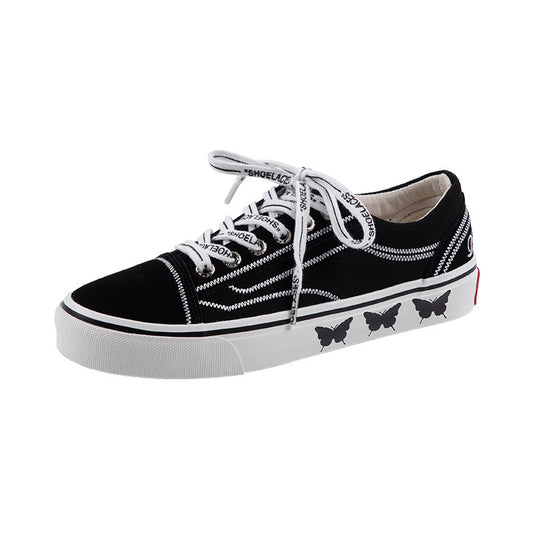 Flat Low Strap Black Canvas Shoes For Women