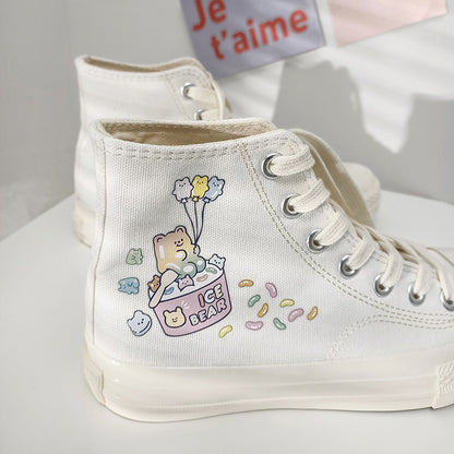 Multi-Coloured Biscuit Bear Hand-Painted High-Top Canvas Shoes