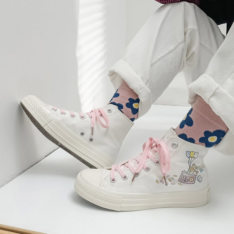 Multi-Coloured Biscuit Bear Hand-Painted High-Top Canvas Shoes