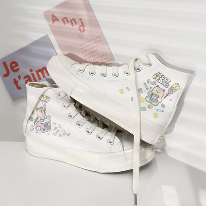 Multi-Coloured Biscuit Bear Hand-Painted High-Top Canvas Shoes