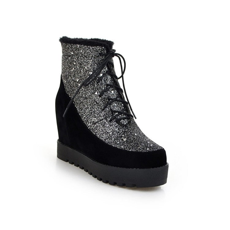 Autumn Winter New Style Fashion Slope Heel Color Matching Bling Short Boots Warm Women'S Boots Black